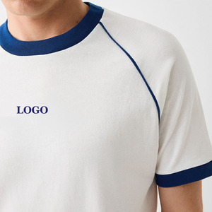 Men's <b>White</b> Raglan Sleeve T-Shirt With Blue Contrast Trim Regular Fit O-Neck Casual Jersey Cotton Top Front Logo Print - Product Image 5