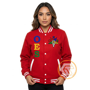 Veste universitaire OES brodée matelassée respirante en satin rouge et blanc à manches longues et col montant pour femme, style automne - Product Image 3