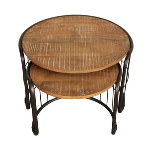 Circular Timber Nest <b>Tables</b> Pair with Iron Frame Wire Base Compact Layered Coffee <b>Tables</b> <b>Space</b> <b>Saving</b> Accent Furniture Set - Product Image 1
