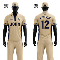 Uniforme de cricket pour hommes, 180 GSM, polyester interlock, beige marine, panneaux latéraux contrastés, sublimation, broderie, impression de logo personnalisée