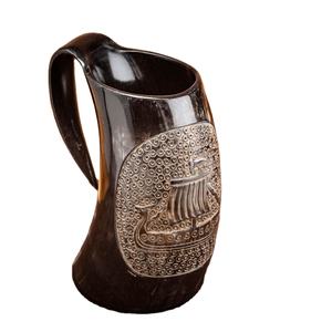 Tasse en corne de viking sculptée personnalisée Verre à vin blanc hautement poli avec un design long navire - Product Image 2