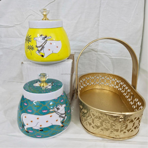 Custom Printed Enamel Metal Storage <b>Canister</b> Jars with Brass Gold Basket Tray Diwali Gift <b>Set</b> Manufacturer Cow Pichwai Design - Product Image 4