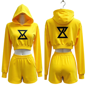 Women Yellow Crop Hoodie Set With Casual Long Sleeve Sweatshirt Shorts Matching Outfit - Product Image 1