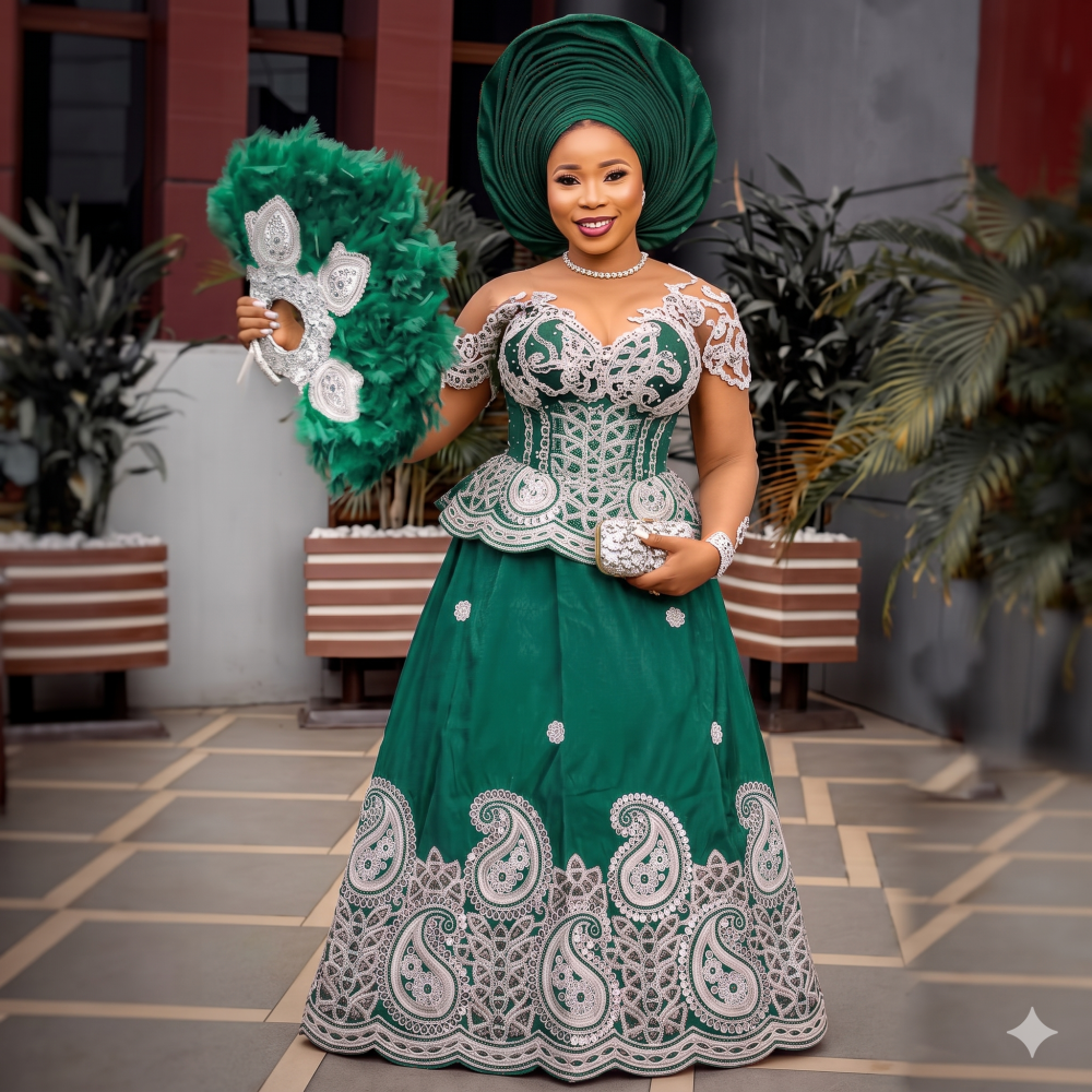 Emerald Green Woven Rib SRT Medium George Lace Dress with Silver Embroidery & Matching Headwrap