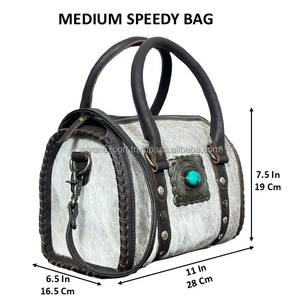 Sac fourre-tout en cuir véritable de vache avec poils, modèle Speedy moyen, style western, sac à main en cuir véritable pour femme, sac de voyage - Product Image 2