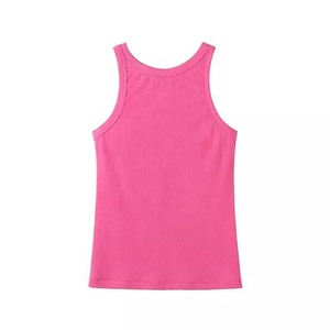 Camiseta sin mangas de punto transpirable para mujer, color sólido, cuello redondo, estilo informal, color rosa - Product Image 2