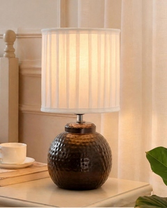 Latest design Hammered Bronze Table Lamp Modern Pleated <b>White</b> Fabric Shade Vintage Metal <b>Bedside</b> Light Nightstand Home Decor - Product Image 5