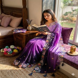 Sari en Georgette matelassé de créateur VASTRA COTTAGE avec broderie de sequins, sari léger pour soirée avec pièce de chemisier - Product Image 2