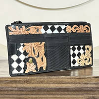 Organisateur de pare-soleil de voiture en cuir véritable fait main, élégant, gravé floral, à motif damier, avec rangement pour portefeuille et cartes, accessoire automobile