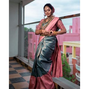 TRENDING BANARASI SAREE DE SEDA SUAVE CON BLUSA DESCOSTADA SKY - Product Image 1