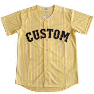 Custom baseball jersey team name number Breathable short sleeve men <b>athletic</b> fit full button light yellow pinstripe sportswear - Product Image 1