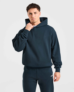 Sweat-shirt à capuche bleu foncé pour homme, coupe ample, en molleton de coton, décontracté, pour l'automne, avec poche avant, manches classiques, tricoté - Product Image 1