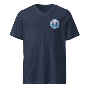 T-shirt unisexe décontracté bleu marine à col en V et manches courtes avec logo – Vêtement streetwear tendance en coton doux pour le quotidien et les activités de plein air - Product Image 1