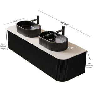 DINA 60\" Modern Wall Mounted <b>Bathroom</b> <b>Vanity</b> with Floating Curved Edges and Striped Storage Cabinet 2 Drawers - Product Image 5