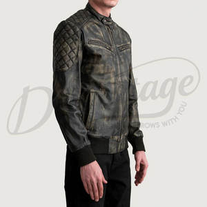 Veste de motard vintage pour homme en cuir véritable noir vieilli avec rembourrage matelassé aux épaules et col montant à boutons-pression - Product Image 5