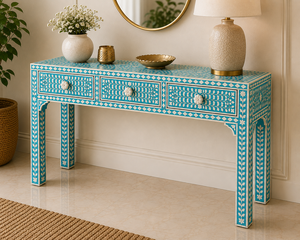 Handcrafted Bone Inlay <b>Console</b> <b>Table</b> with 3 Drawers Floral Pattern Entryway <b>Desk</b> Luxury Hallway Accent Furniture for Living room - Product Image 3