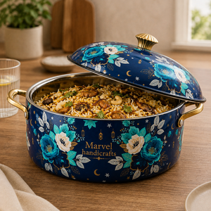 Casserole décorative en émail floral Marvel Handicrafts avec couvercle et poignées dorées – Ustensile de cuisine haut de gamme pour la cuisine, la salle à manger ou comme cadeau - Product Image 4