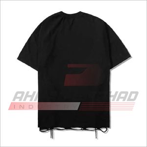 T-shirt en coton noir surdimensionné pour homme, manches courtes, col rond, jersey décontracté, couleur unie, coupe classique avec ourlet à cordon de serrage - Product Image 2
