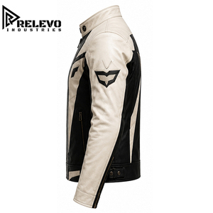 Premium Men's Slim Fit Black & White Leather Biker Jacket, Armor Style Coat with Perforated Front and Stand Collar Customized - Product Image 3
