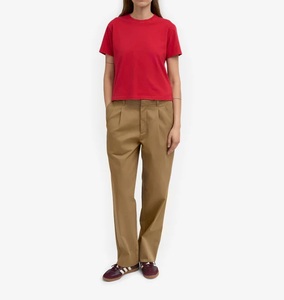 T-shirt court ample à col rond et manches courtes pour femme, rouge écarlate uni, décontracté, doux, 100 % coton, coupe ample S/J, toutes saisons - Product Image 5