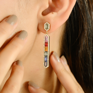 14K Gold Multi Sapphire Channel Set Bar Drop Earrings - Product Image 1