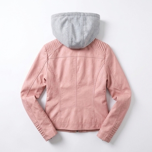 Veste de moto en similicuir PU rose pour femme, à capuche, fermeture éclair, manches longues - Product Image 2