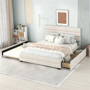 Queen Upholstered Platform Bed with Twin Size Trundle and Two Beige Drawers - Product Image 1