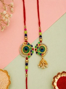 Designer Peacock Rakhi Set Colorful <b>Beaded</b> <b>Thread</b> with Pearl Lumba Rakhi - Product Image 2