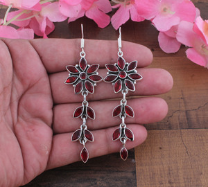 925 Sterling <b>Silver</b> Natural Red Garnet Flower Drop <b>Earrings</b> | Wholesale Handcrafted Marquise Leaf Long <b>Dangle</b> Chandelier <b>Earring</b> - Product Image 1