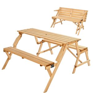 Mesa de Picnic Plegable Portátil 2 en 1 con Soporte para Sombrilla, Transformable e Intercambiable, Juego de Muebles de Jardín de Madera para Exteriores - Product Image 1