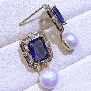 ต่างหูห้อยประดับมุกน้ำจืดสไตล์เรโทรฝรั่งเศส ประดับพลอยสีฟ้าอเมทิสต์รูปดอกไม้ ขายส่งสำหรับผู้หญิง - Product Image 4