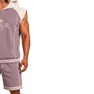 Customized Mens Dusty Mauve <b>Sleeveless</b> Hooded Tracksuit Set Custom Logo Gym Fitness Training Sports <b>Hoodie</b> And Shorts Activewear - Product Image 4