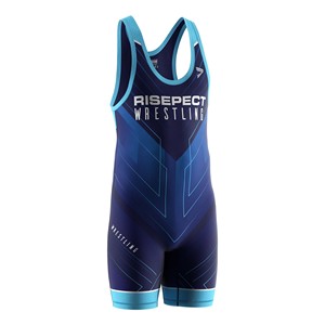 Wrestling Singlet Men One-Piece Fitted Spandex Polyester Stretch Martial Arts Wear <b>Blue</b> Sublimation Print Front Logo - Product Image 5