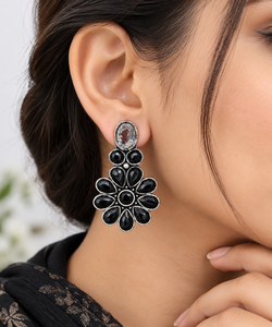 Fashion Flower Stud <b>Earrings</b> with <b>Black</b> Stone | Oxidized Silver Floral Stud <b>Earrings</b> | Indian Ethnic Fashion Jewelry - Product Image 2