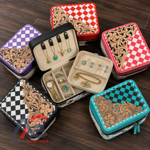 Travel Portable Jewelry Boxes Checkered Leather Storage Organizer Earring Holder Organizer Tooling Cowhide Leather Jewelry Case - Product Image 1