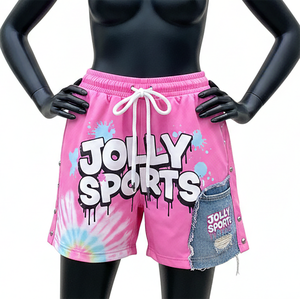 Short de bain pour femme en polyester et élasthanne de haute qualité, 160 GSM, séchage rapide, couleur rose, panneau en denim, logo personnalisé - Product Image 1