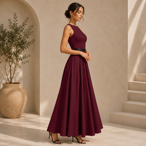 Elegante Vestido Largo Borgoña sin Mangas con Cinturón para Mujer, Cuello Redondo, Línea A, para Fiesta de Noche, Cóctel, Invitada de Boda, Vestido Formal Largo - Product Image 2