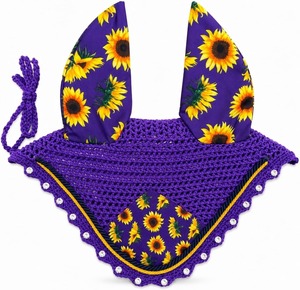 Horse Ear Bonnet for Horses Sunflower Print Fly Bonnet with Crystal Edge Handmade Crochet Fly Veil, Breathable Stretch Ears - Product Image 6