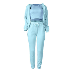 Conjunto de Sudadera con Capucha y Pantalones Deportivos para Mujer, Color Azul Claro, Tejido Casual, Manga Larga, Color Sólido, Transpirable, Ropa de Primavera - Product Image 1