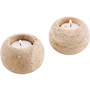 Support de bougie en travertin Wabi-Sabi, fait main, en pierre de grès crème brute, base conique, récipient à bougie couvert - Product Image 6