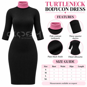 Robe moulante en tricot noir à col roulé avec contraste rose au niveau du cou et manches trois quarts de la marque Cosh International Sorority Sisterhood - Product Image 6