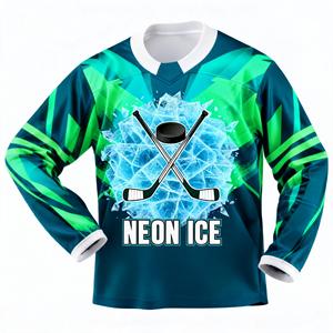Camiseta de Hockey sobre Hielo Sublimada Neon Ice, Manga Larga, Absorbente de Humedad, Ropa Deportiva de Poliéster, Unisex para Adultos, Cuello en V - Product Image 1