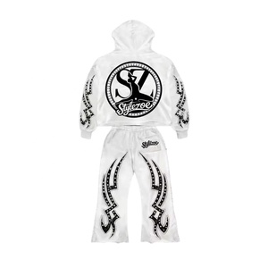 Ensemble de survêtement unisexe vintage blanc uni, en molleton 100% coton épais, sweat à capuche et pantalon, avec strass écologiques - Product Image 3