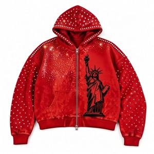 Sweat à capuche surdimensionné personnalisé avec impression graphique et strass, 100% coton, tissu doux, style vintage, unisexe. - Product Image 1