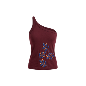 Top Marrón de Un Solo Hombro con Bordado de Hojas con Cuentas, Estilo Casual, Transpirable, para Uso Diario en Primavera/Verano - Product Image 6