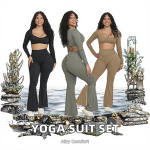 Women's Breathable Long Sleeve Gym Sets Solid Crop Top Scrunch Front Pant <b>Flare</b> <b>Leggings</b> Gather Vest Sports Suits Yoga Exercise - Product Image 3