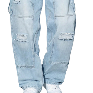 Mens <b>Light</b> Blue Carpenter Jeans Loose Fit Straight Leg Distressed Denim Pants Casual Workwear Streetwear Style Washed 100% - Product Image 5