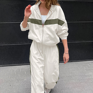<b>Women's</b> <b>White</b> Olive Colorblock Hooded <b>Tracksuit</b> Full Sleeve Zipper Loose Fit Casual Spring Wear With Side Pockets - Product Image 1