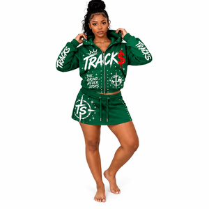 Women's Heavyweight Cotton Hooded <b>Zip</b>-<b>Up</b> <b>Jacket</b> & Shorts 2-Piece Streetwear Set with Custom Logo Front - Product Image 1