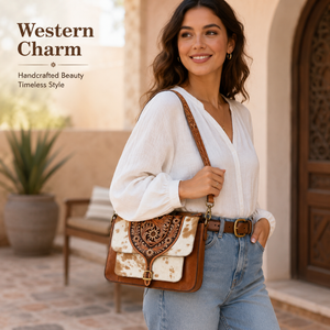 Sac bandoulière artisanal en cuir de vachette à poils, style western, motif floral, avec sangle réglable, pour usage quotidien - Product Image 3